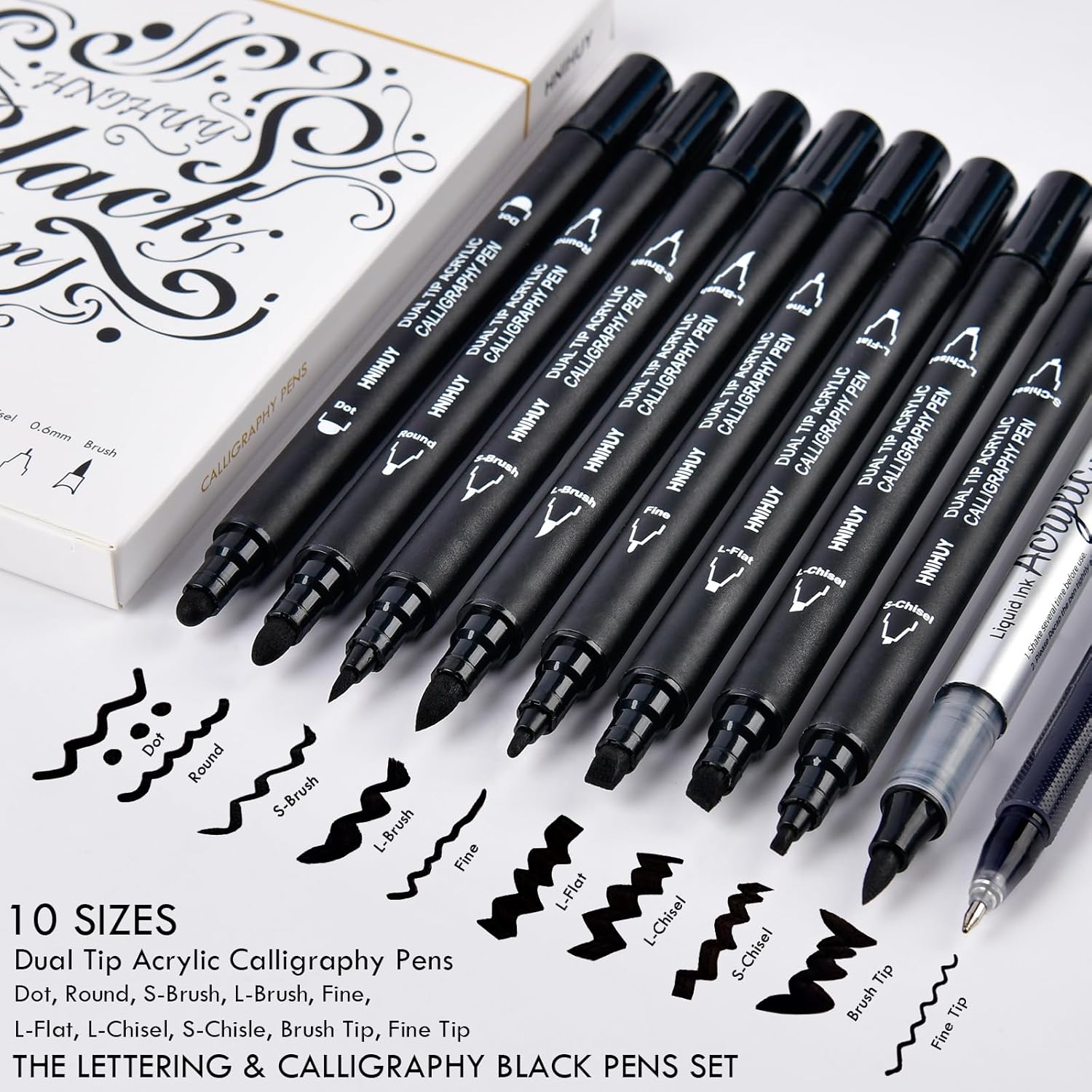 Dual Tip Black Acrylic Calligraphy Pens, 10 Size Calligraphy markes for Writing, Hand Lettering Pen for Art Drawing