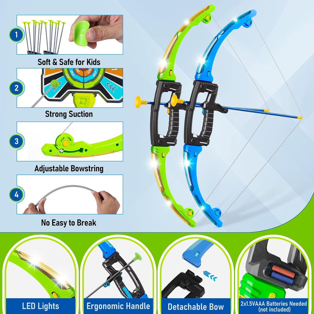 3 In 1 Bow and Arrow for Kids, Indoor Outdoor LED Light Up Archery Set Gift | Kids Bow and Arrow Set, 2 Pack LED