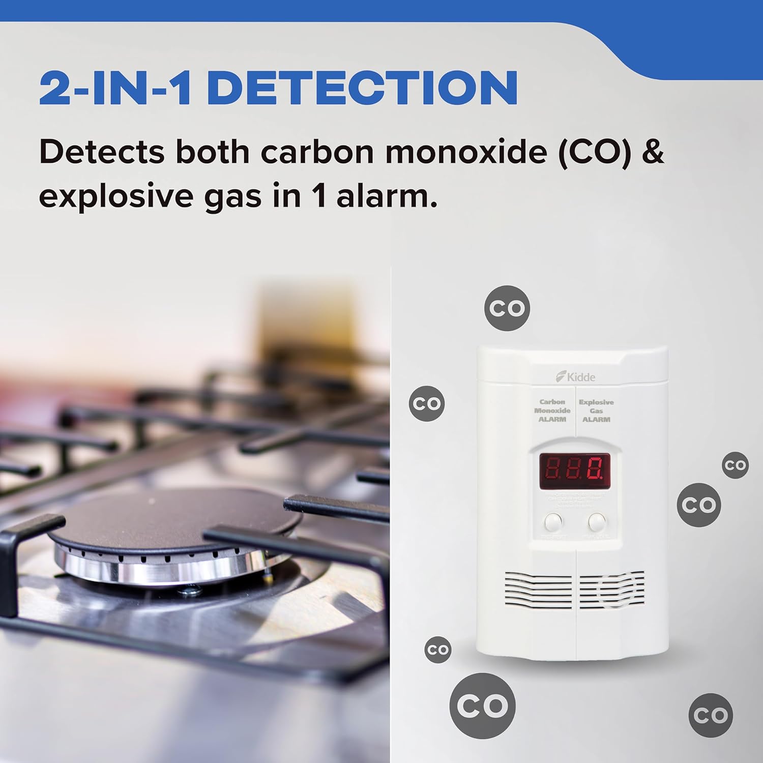 Carbon Monoxide + Explosive Gas, Natural Gas & Propane Alarm, Plug-in with 9V Battery Backup, Digital Display, 85 dB