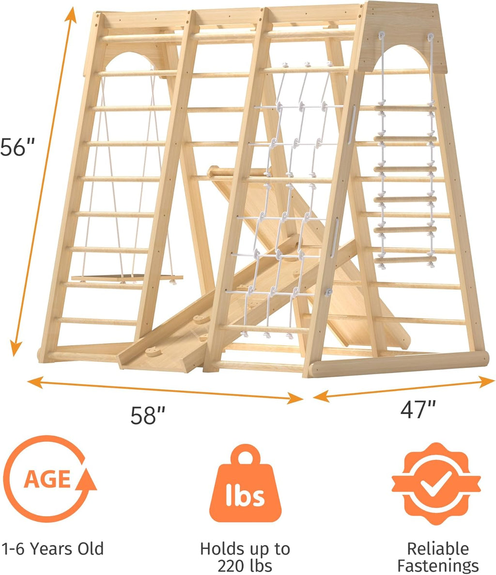 Indoor Jungle Gym for Toddlers, 8-in-1 Wooden Montessori Climbing Toys with Slide, Swing, Rock Wall, Rope Ladder