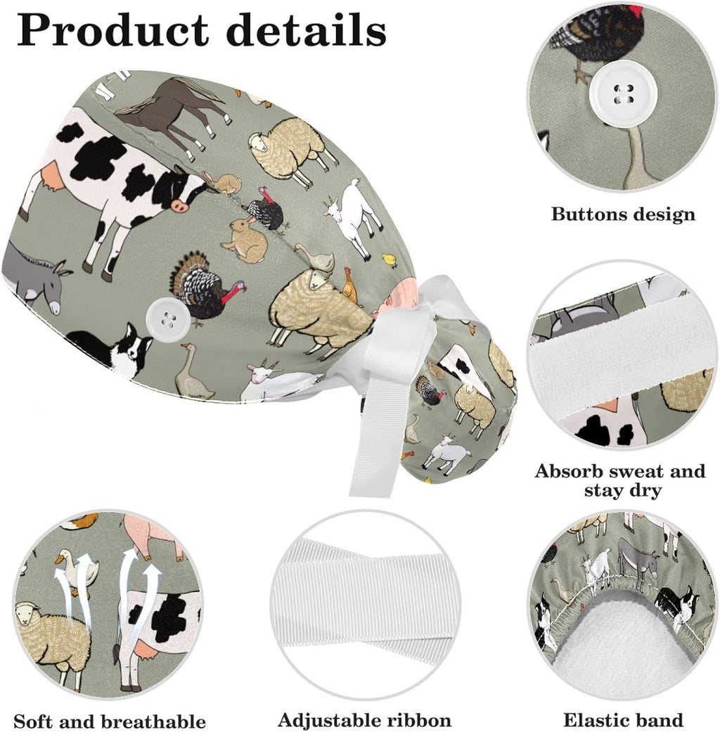Adjustable Farm Animals Pig Cow Women Bouffant Cap with Buttons Scrub Hat for Woman