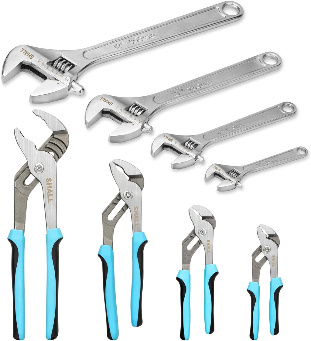 8-Piece Adjustable Wrench & Water Pump Pliers Set, 12/10/8/6 Inch, 4Pcs Adjustable Tongue and Groove Joint Pliers and
