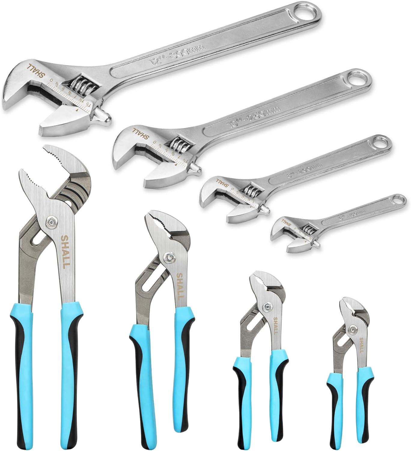 8-Piece Adjustable Wrench & Water Pump Pliers Set, 12/10/8/6 Inch, 4Pcs Adjustable Tongue and Groove Joint Pliers and