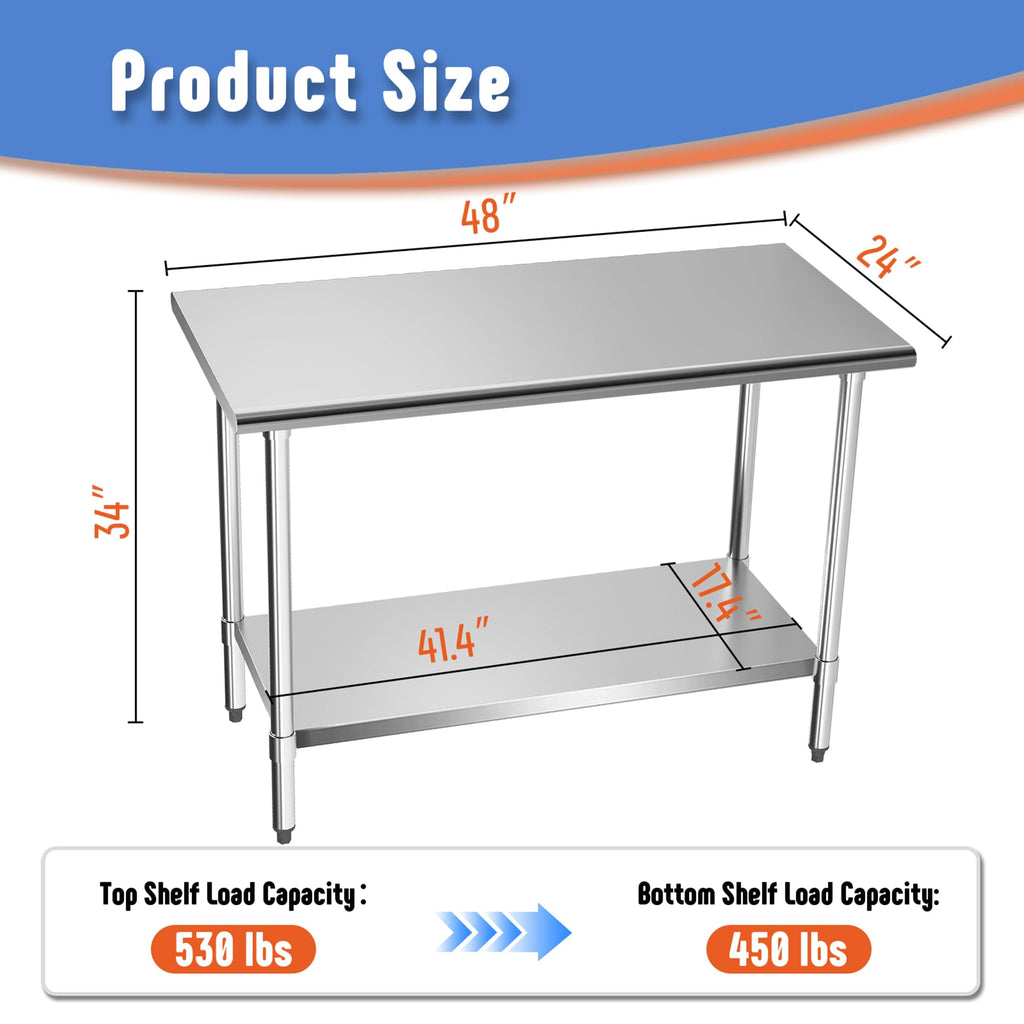 NSF Certified Stainless Steel Work Table for Prep, 24x48 Inch
