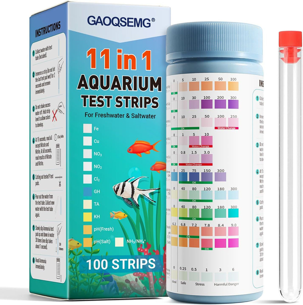 11 in 1 Aquarium Water Test Kit,Fish Tank Freshwater Ammonia Test Strips