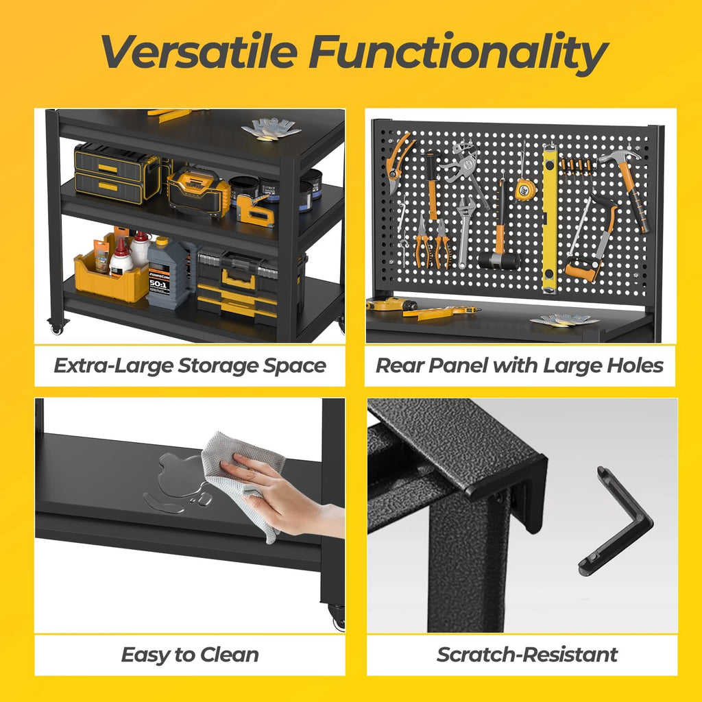 Work Bench with Pegboard,Heavy Duty Workbench with Wheels Adjustable Shelves,Tool Cart,Work Table for Garage