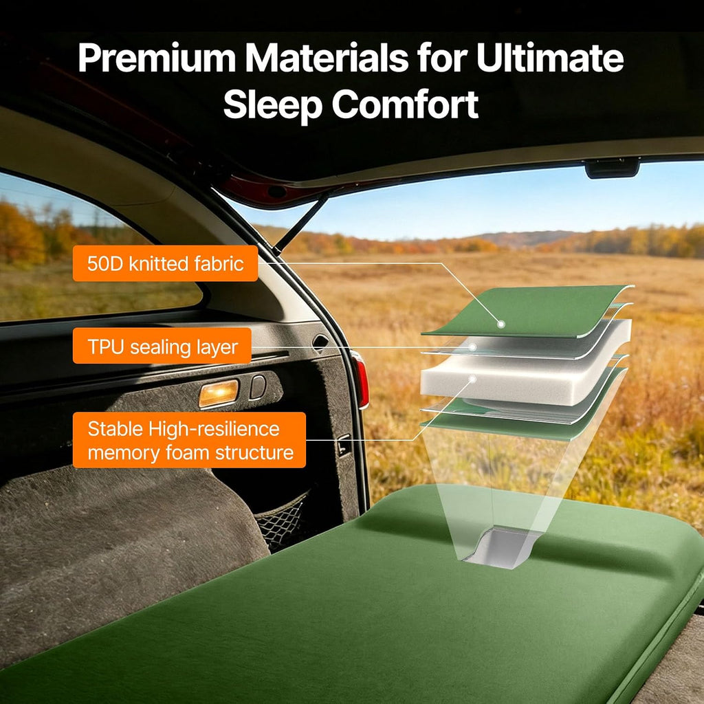 Self-Inflating Sleeping Pad, 3" Memory Foam Camping Mattress | Built-in Foot Pump, Insulated Foam, Memory Foam, Car