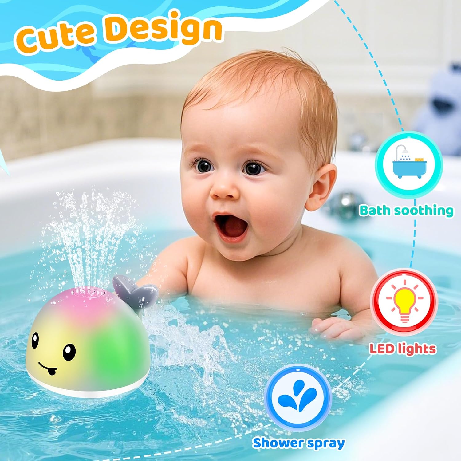 Whale Bath Toy Sprinkler, Light Up Baby Bath Toys for Kids | Buthtub Toys Sprayer for Babies 6-12 Months Infant