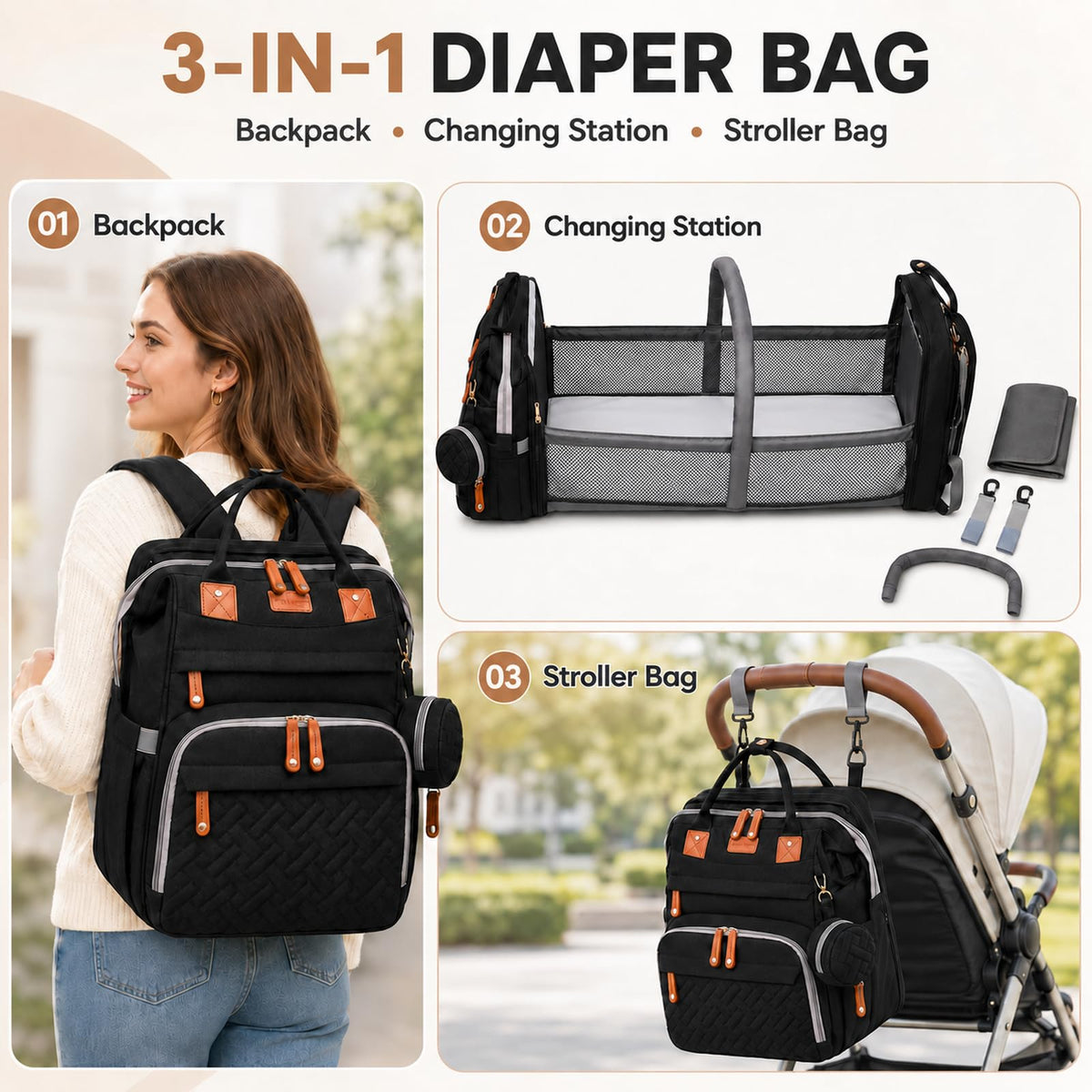 Diaper Bag Backpack with Changing Station, Large Waterproof Travel Baby Bag