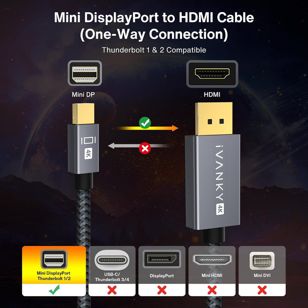 4K Mini DisplayPort to HDMI Cable 6FT, 4K@30Hz Thunderbolt to HDMI | [Alum Shell/Nylon Braided/Optimal Chip