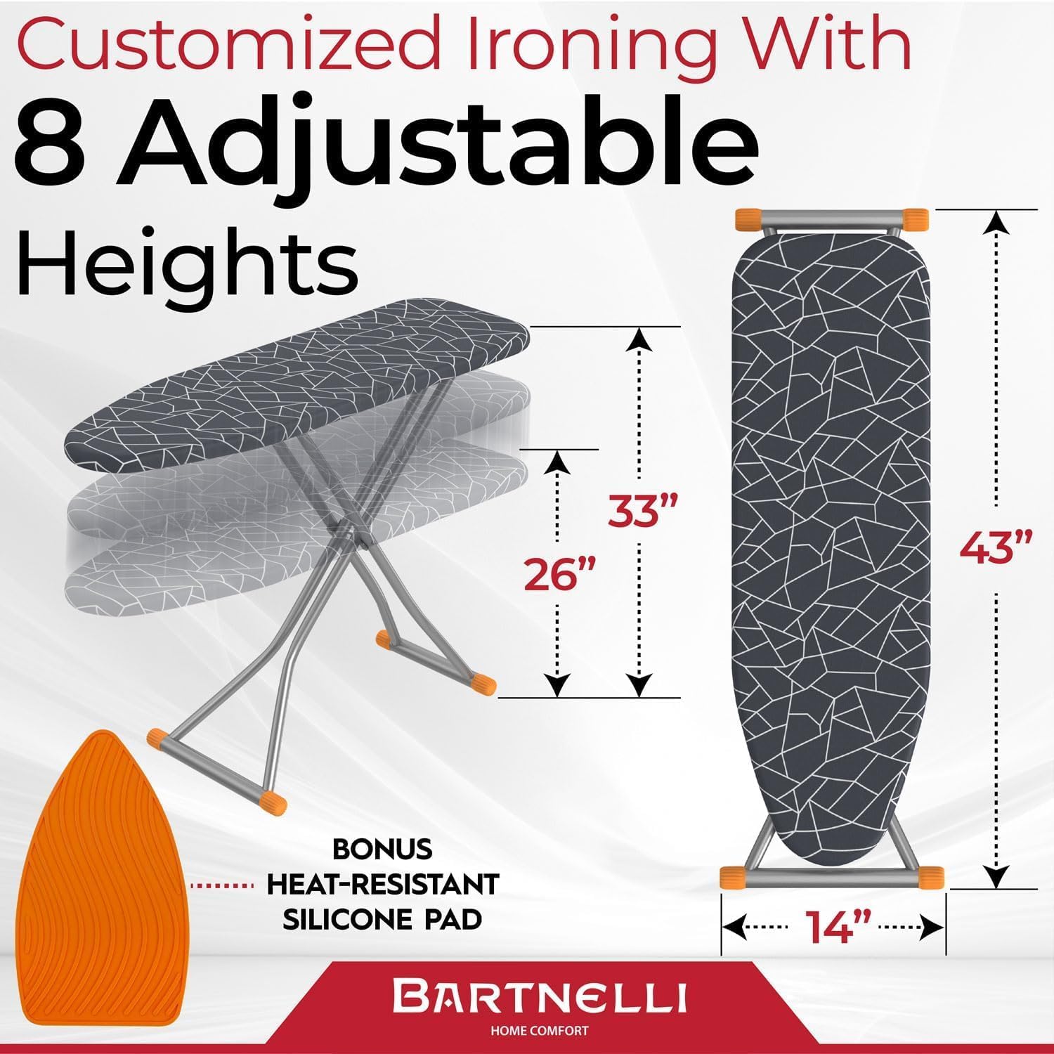Compact Ironing Board, 13x43 Space-Saving Steel Foldable Iron Board, 4 Layer Cotton Cover, Adjustable Height, Bonus
