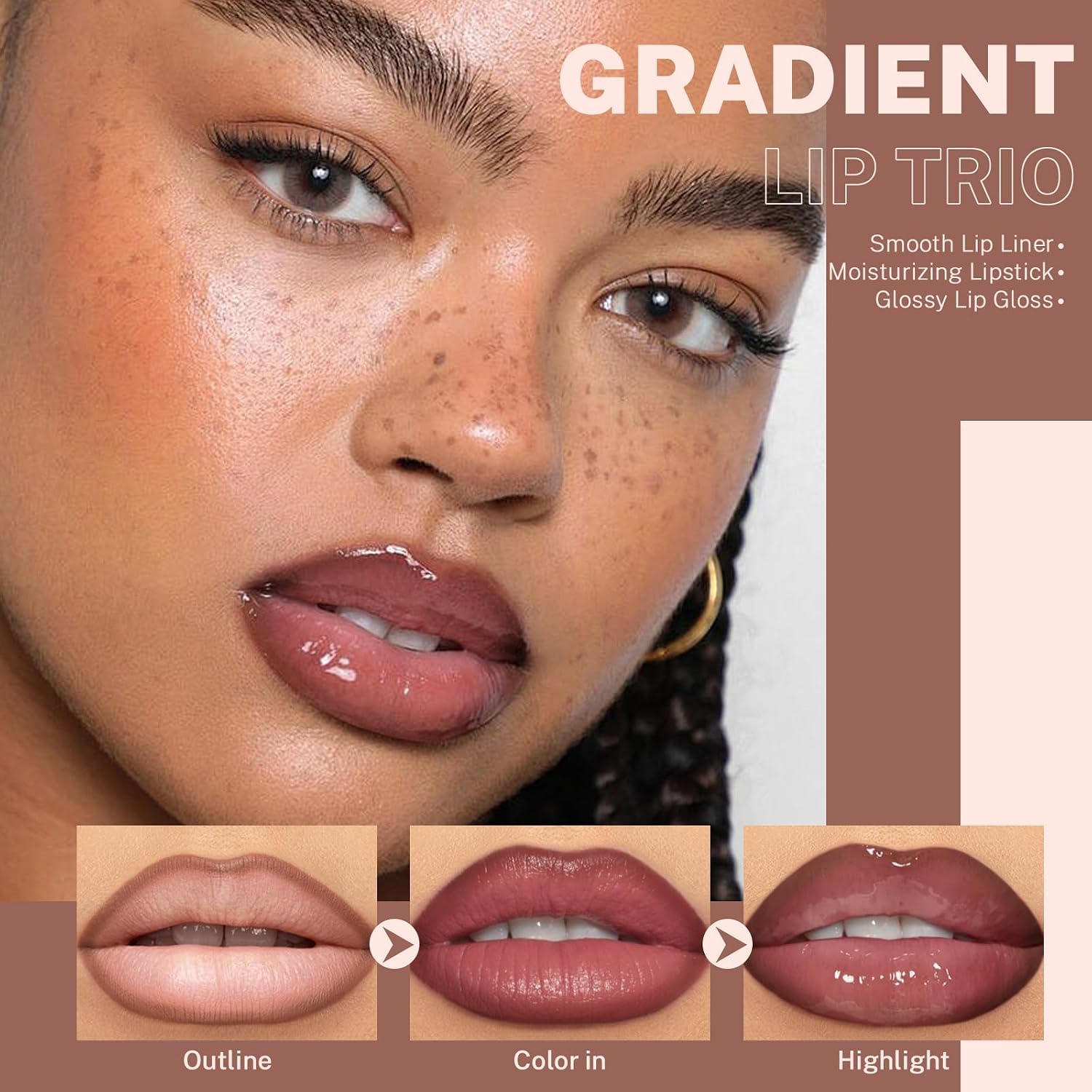 3PCS Lip Combo Set, Brown Matte Lip Liner + Hydrating Tinted Lip Balm + Plum Cherry Juicy Lip Gloss Tint, High-Shine