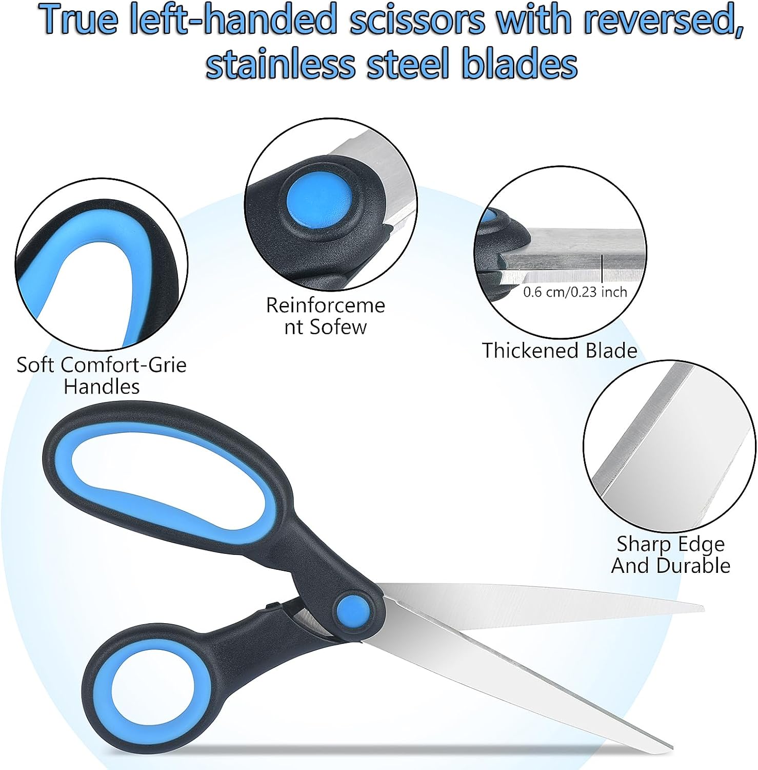 Left Handed Scissors and Kitchen Shears, Lefty Stainless Steel Sharp Blade Soft Comfort-Grip Handles Scissors, 2-Pack