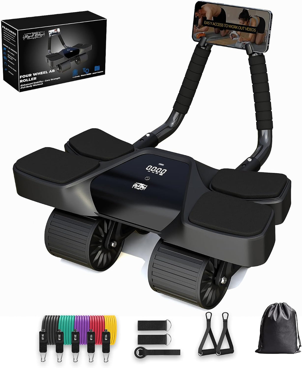 Ab Roller Home Gym Equipment – 4 Wheels Ab Wheel Muscle Roller with Built-in Tracker , 5Pcs Resistance Bands, Ankle