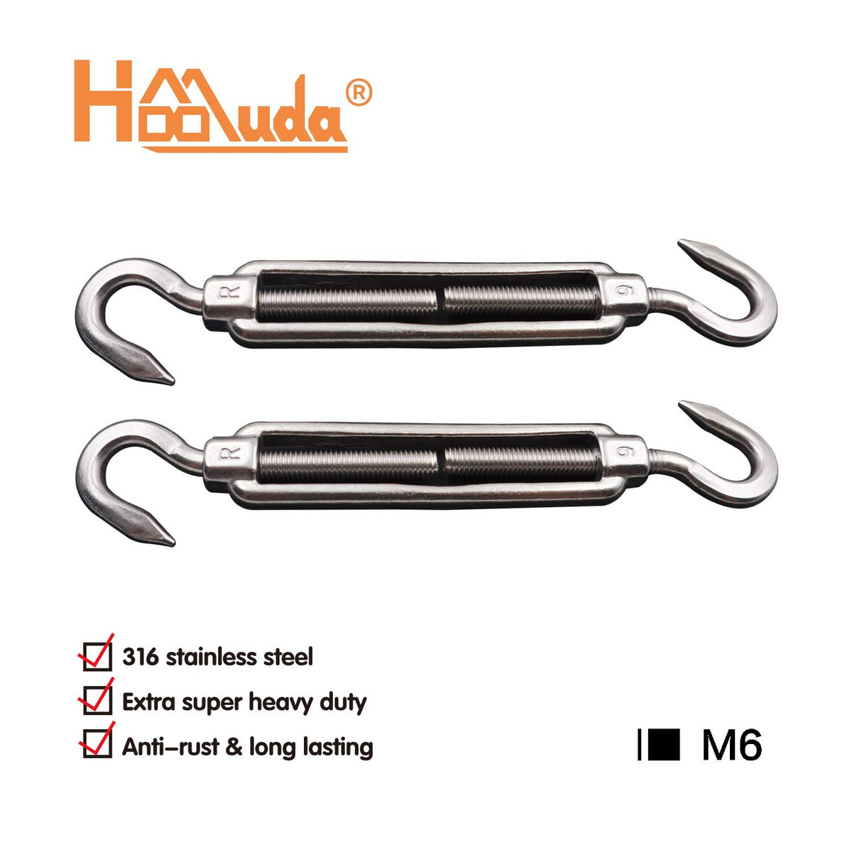M6 Super Heavy Duty Stainless Steel 316 Hook to Hook Turnbuckle, 2 Pieces (2PC Hook to Hook Turnbuckle)