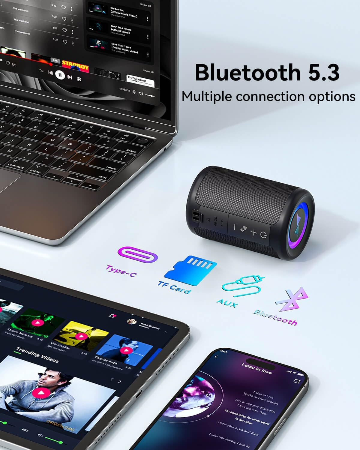 Small Portable Bluetooth Speaker with Lights, TWS Stereo Surround Sound, Type C Powered, Bluetooth 5.3, AUX TF Card