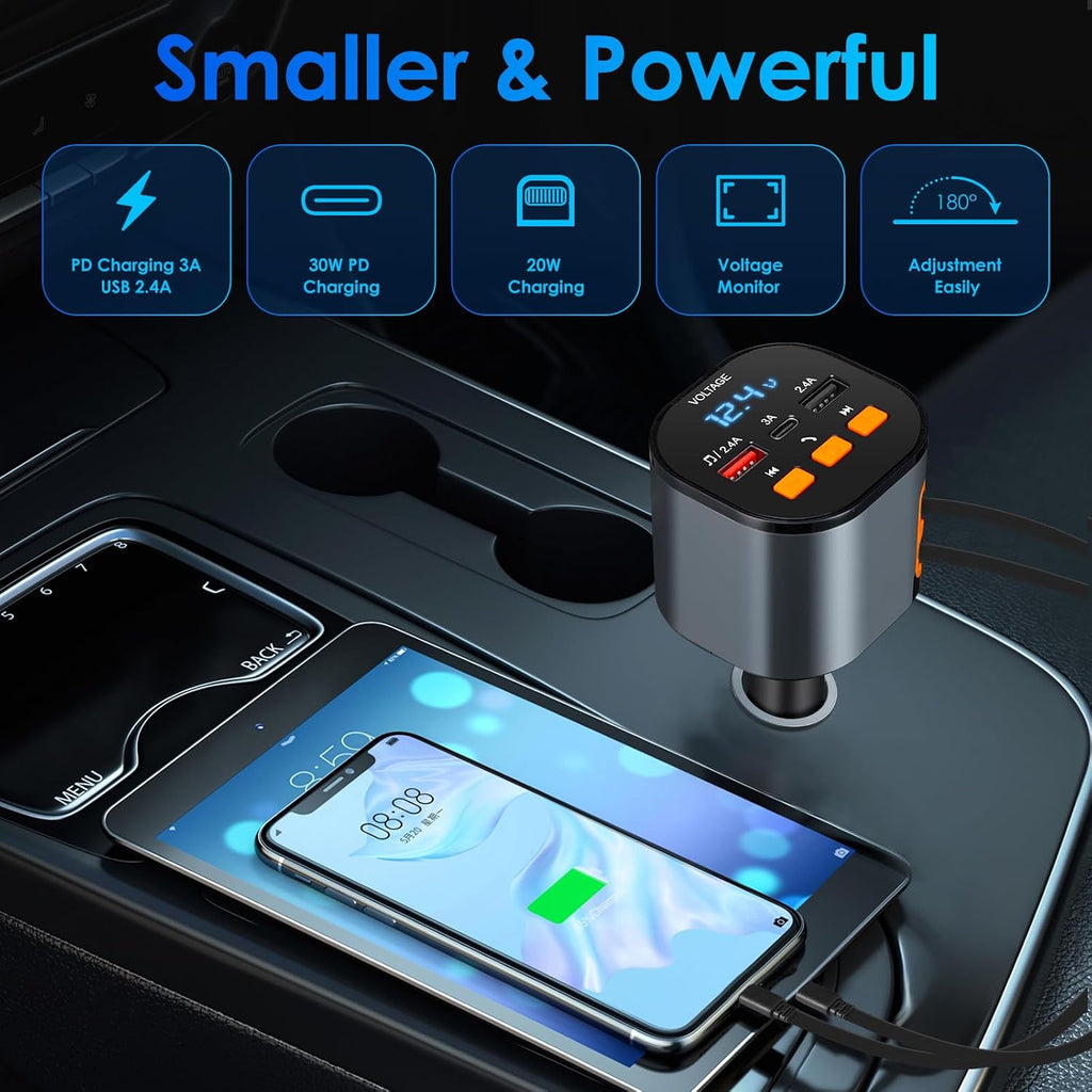 Retractable Car Charger,5 in 1 Fast Cars Phone Charger 90W,Bluetooth 5.3 FM Transmitter Adapter,Handsfree Call,2