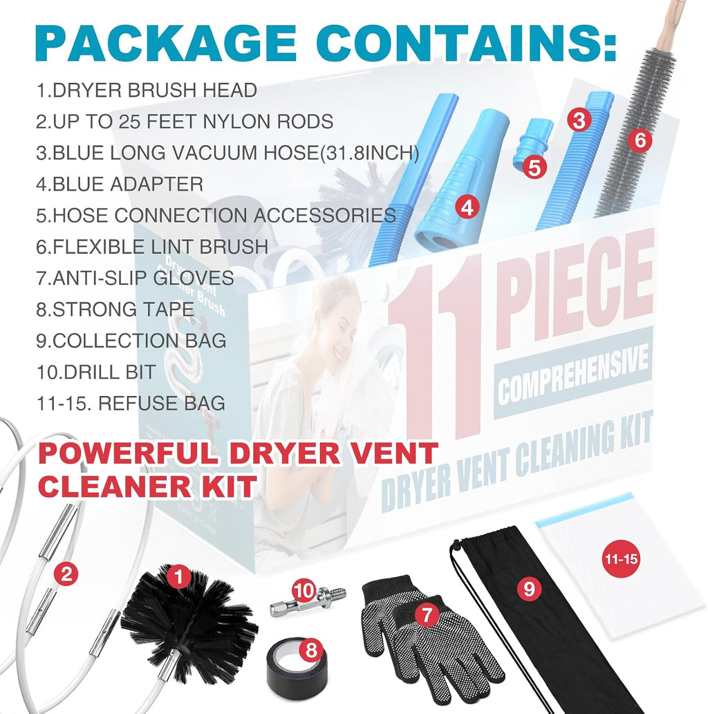 15-Piece 25-Feet Dryer Vent Cleaner Kit, Dryer Cleaning Tools, Omnidirectional Dryer Lint Vacuum Attachment, Dryer