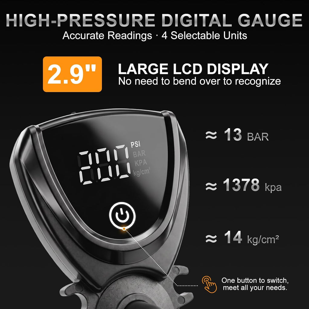 Tubeless Booster Bike Floor Pump: 200 PSI Digital Gauge Air Tank