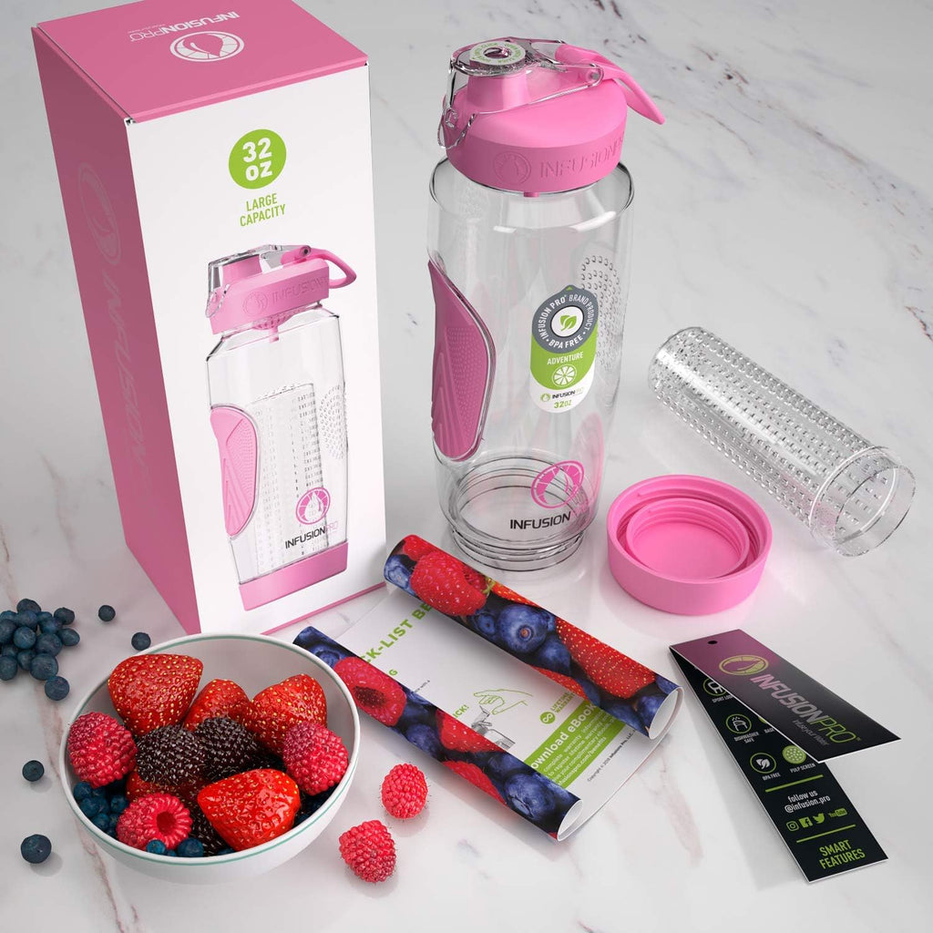 32 oz Fruit Infuser Water Bottle with Insulated Sleeve & 50 Recipe Fruit Infusion Water eBook : Bottom Loading, Large