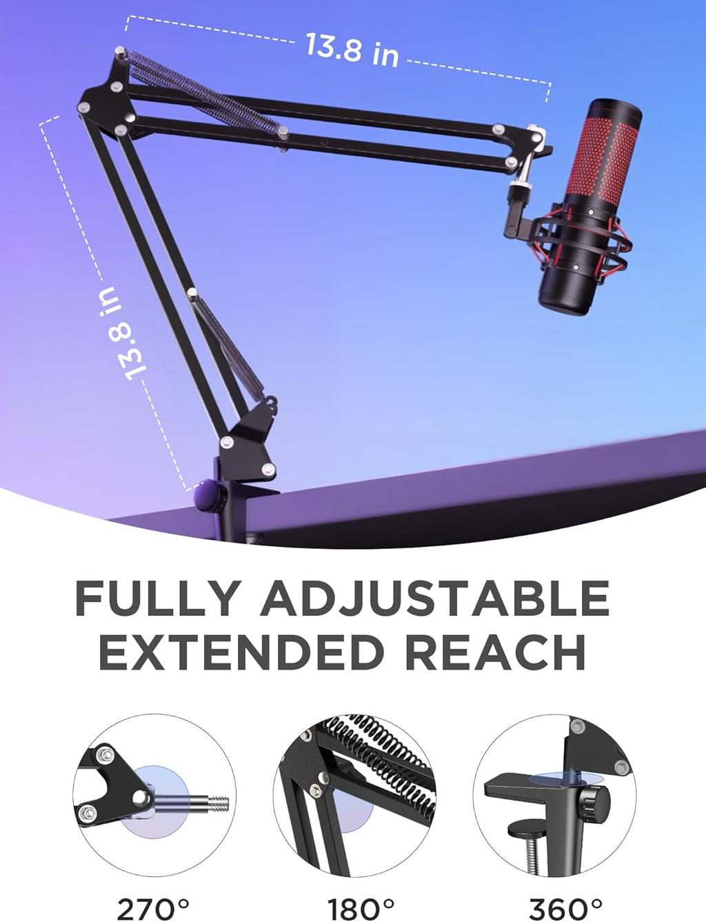 Boom Arm Microphone Mic Stand for Blue Yeti Fifine HyperX, Black | Desk Mount, Desktop Stands, Adjustable Reach