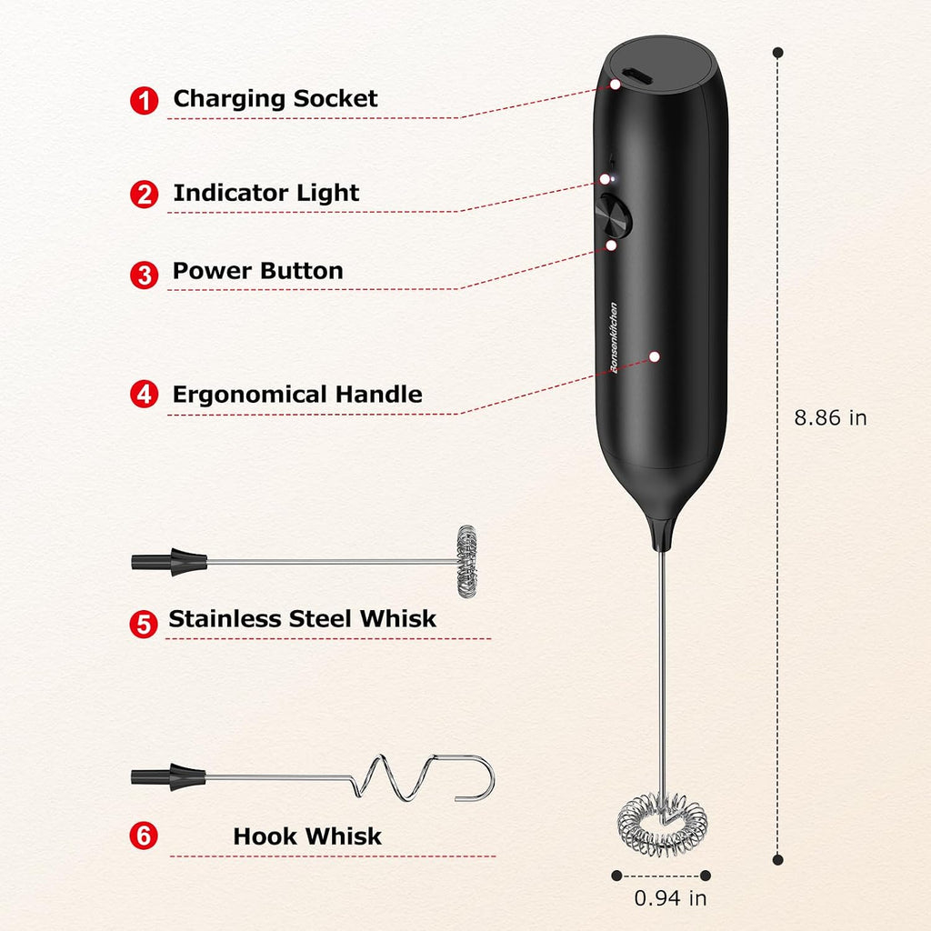 Rechargeable Milk Frother Handheld, Charging USB-C | Electric Foam Maker with Stainless Steel Whisk, Portable Hand