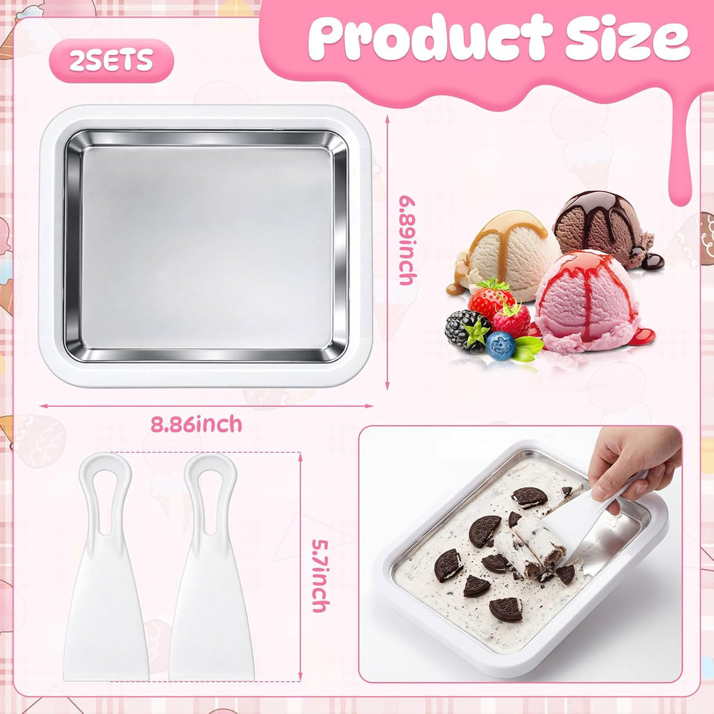 2 Sets Rolled Ice Cream Maker, Ice Cream Plate with 2 Scrapers