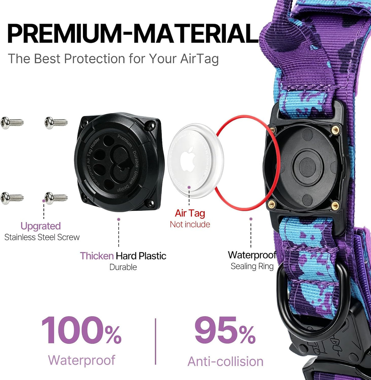 IP68 Waterproof Tactical Airtag Dog Collar with Handle,Purple Camo,L