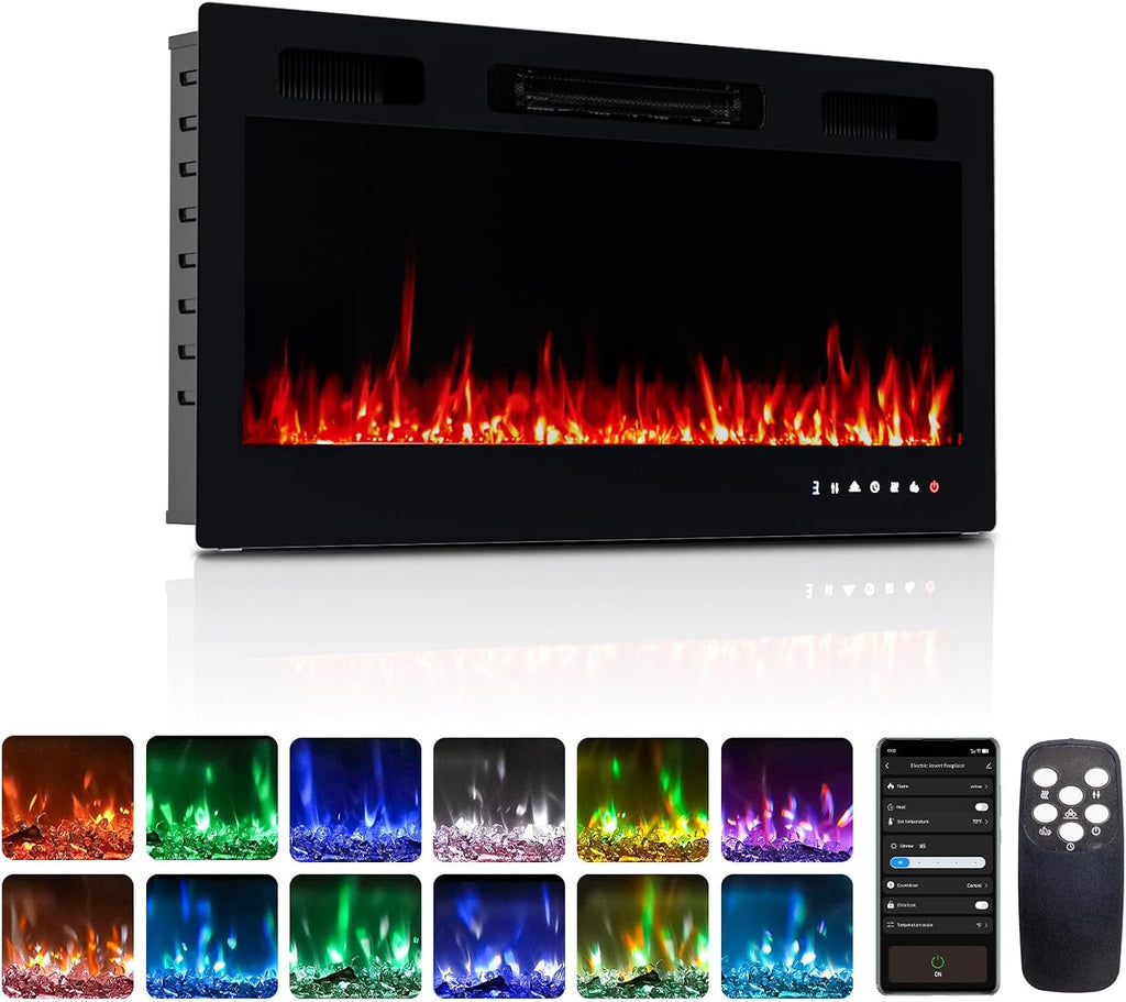 36'' Electric Fireplace, 2-in-1 Ultra-Thin Wall Mounted & Recessed Fireplace with Remote & APP Control, 1500W Wall
