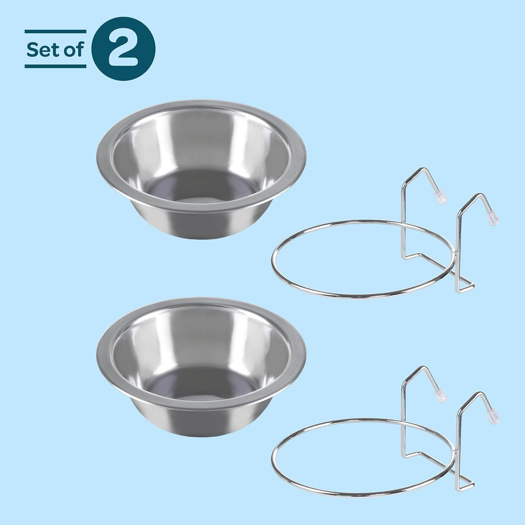 Set of 2 Stainless-Steel Dog Bowls - Cage, Kennel, and Crate Hanging Pet Bowls for Food and Water - 8oz Each and