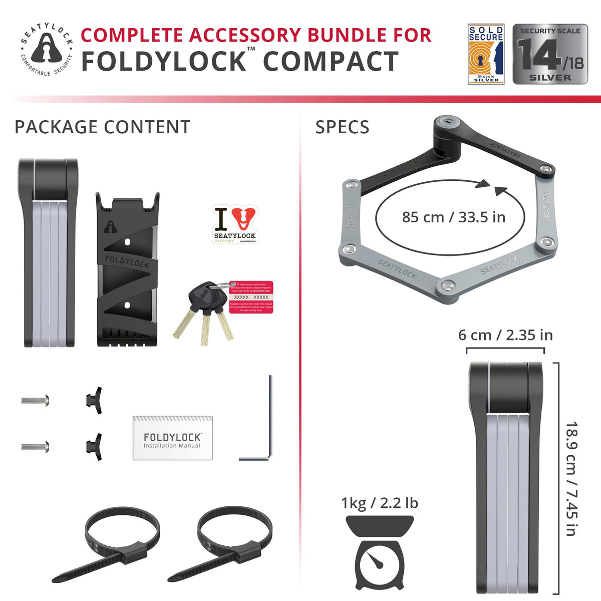 High Security Folding Bike Lock (Foldylock Compact - 33.5'')