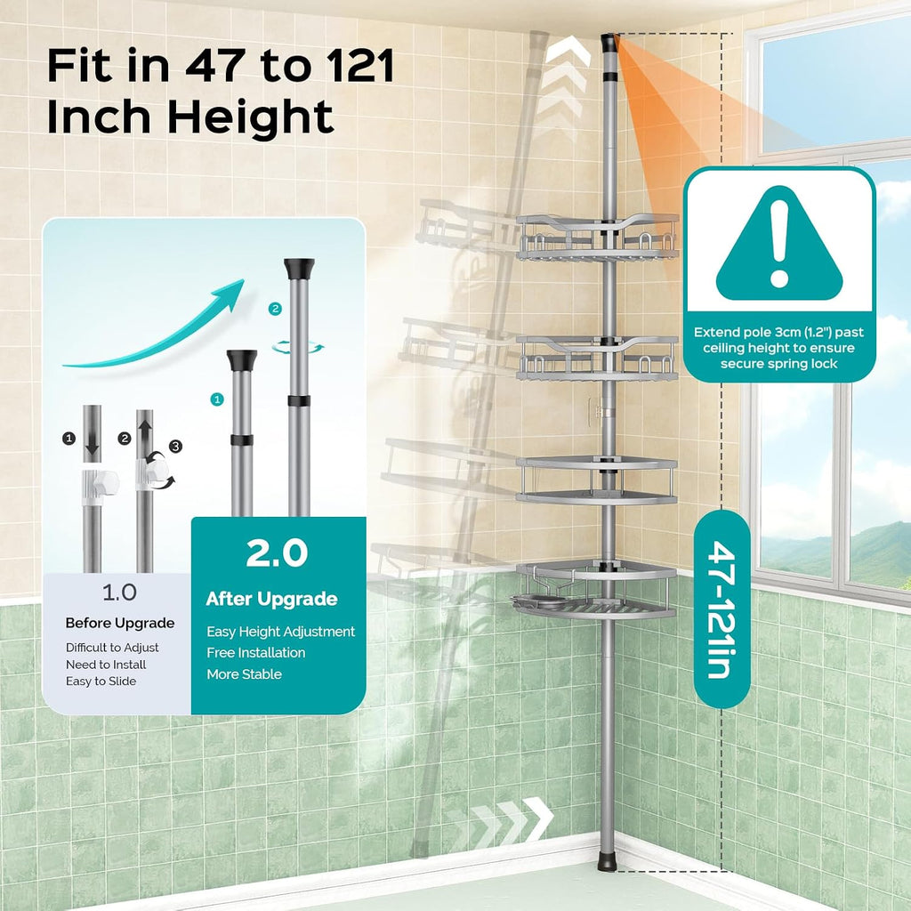 Corner Shower Caddy Tension Pole: Rustproof 4-Tier Bathroom Organizer Shelves for Bathtub Shampoo Storage - 47-121