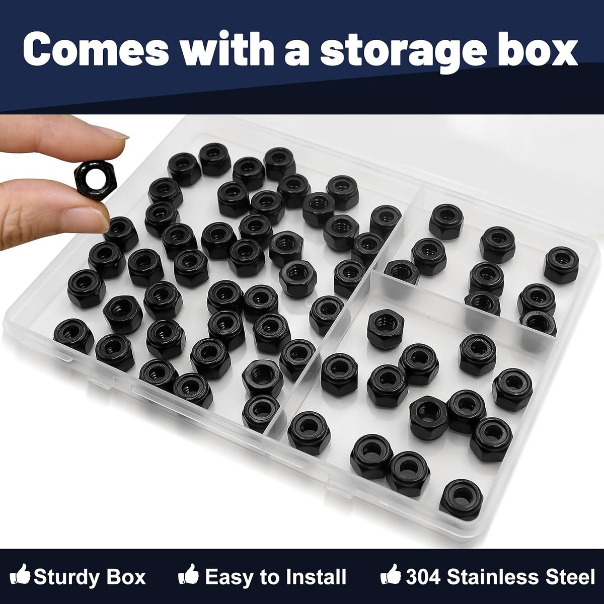 ZQZ 1/4-20 Stainless Steel Nylon Lock Nuts,65Pcs Nylock Insert Nut Black304