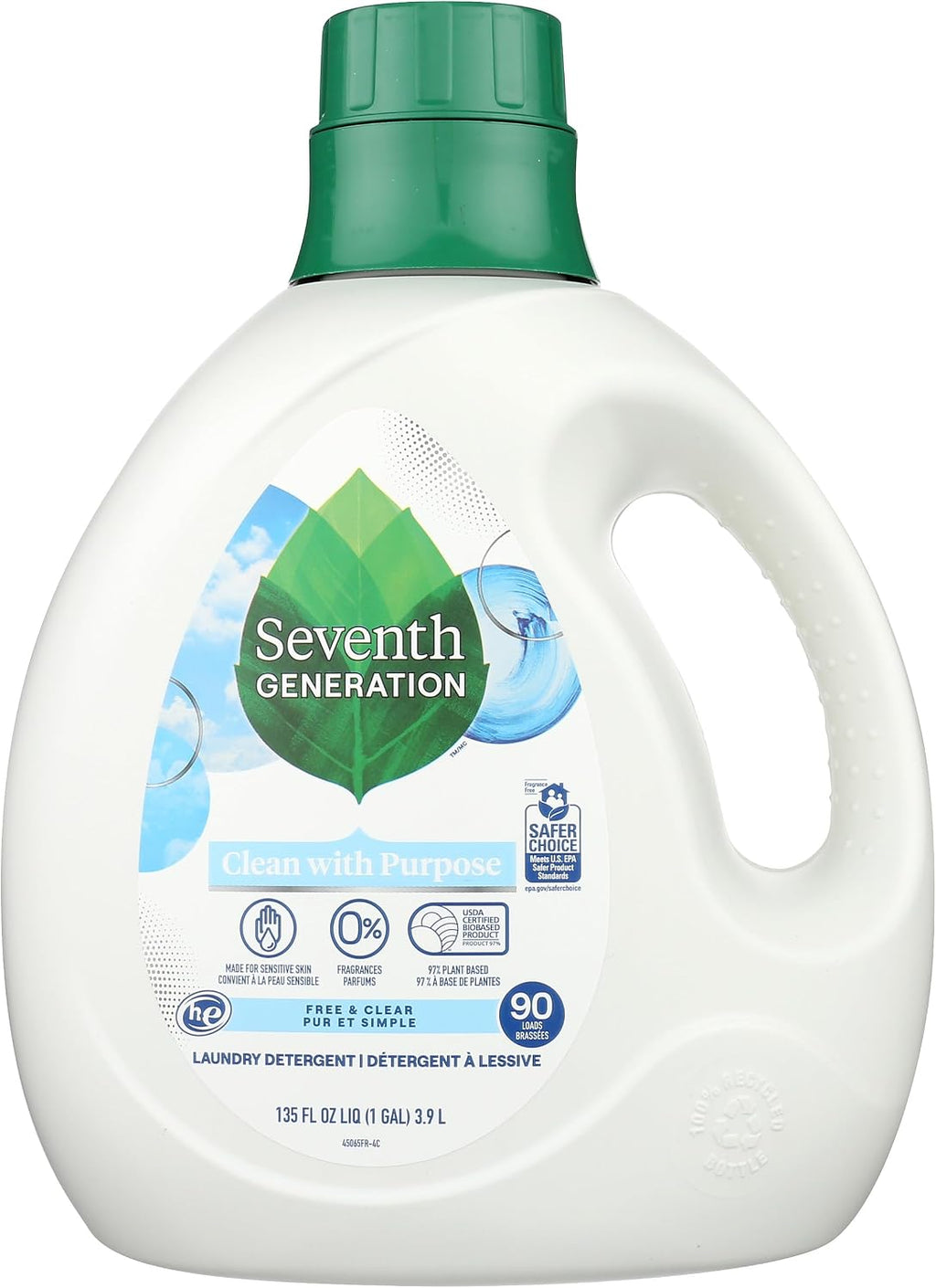 Liquid Laundry Detergent, Free & Clear, 90 Loads, USDA Certified 97% Biobased, 135 Fl Oz
