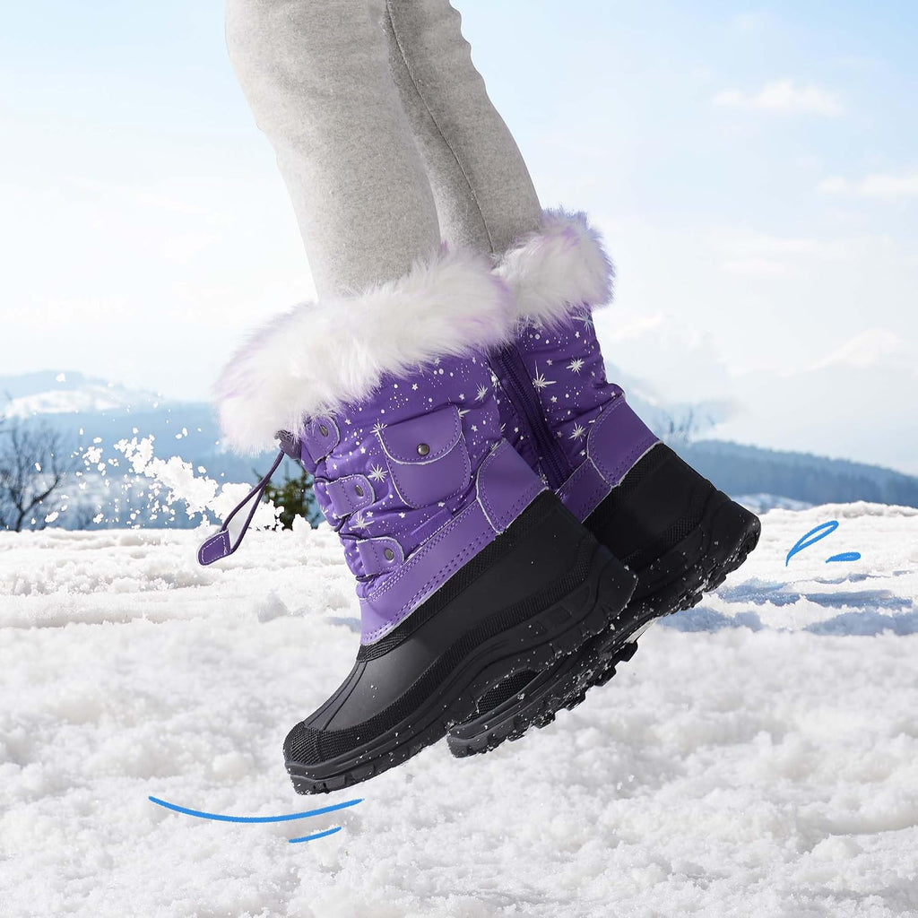 Girls Snow Waterproof Winter Boots | Warm Faux Fur Lined Outdoor Secure Grip Anti Slip Outsole Easy Wear Windproof