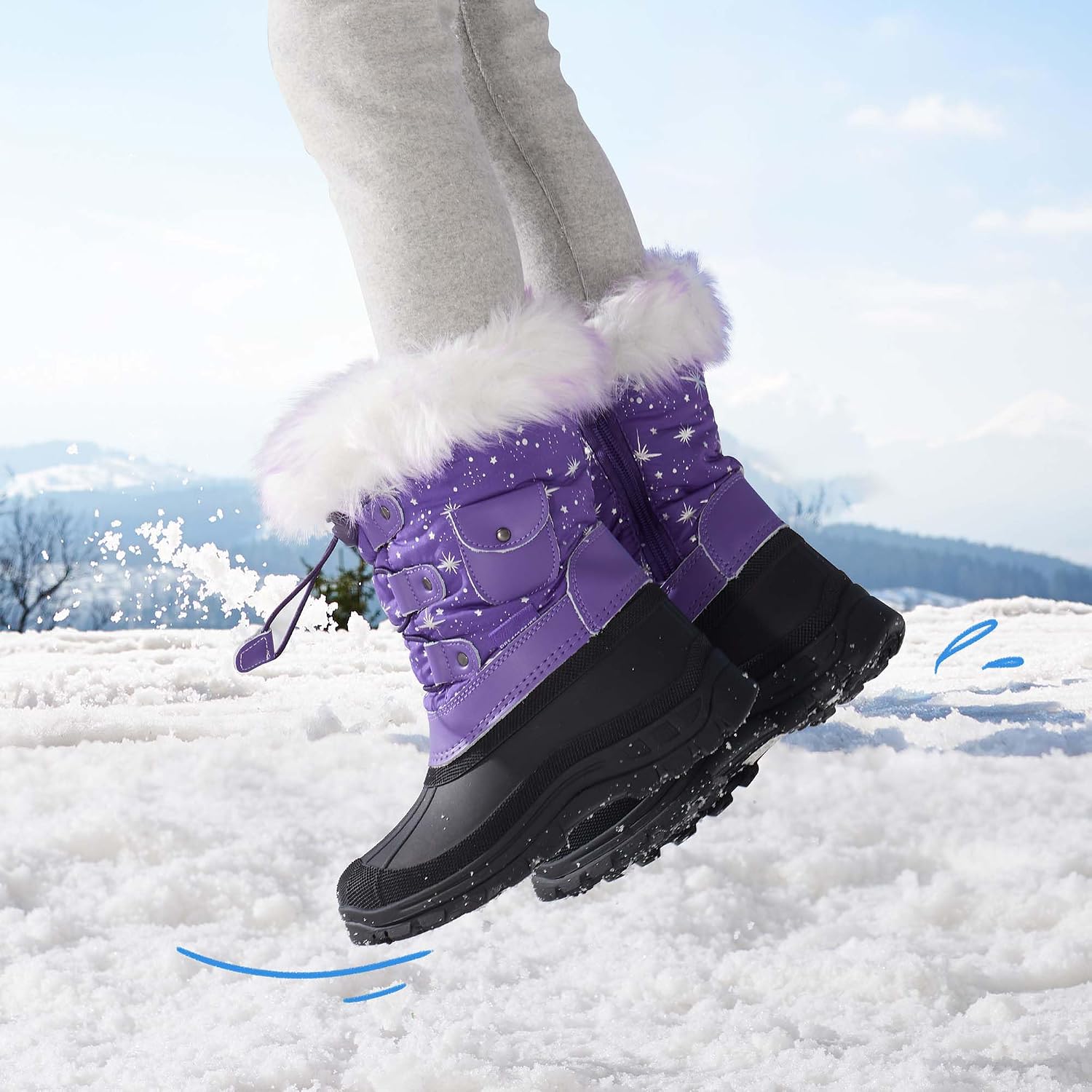 Girls Snow Waterproof Winter Boots | Warm Faux Fur Lined Outdoor Secure Grip Anti Slip Outsole Easy Wear Windproof