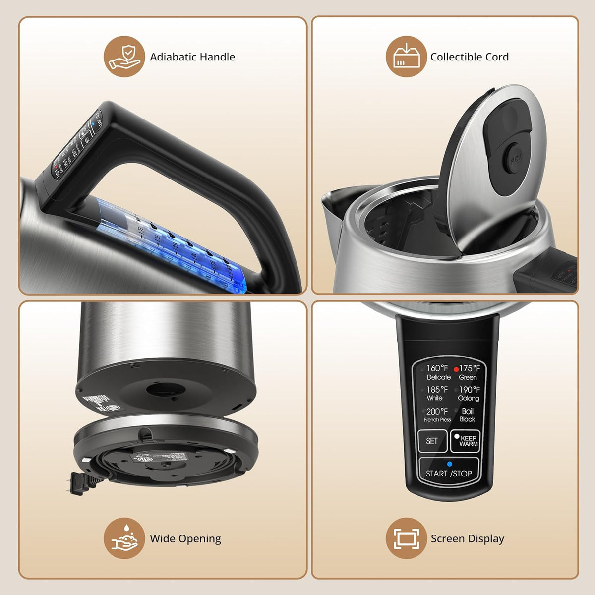 1.7L Electric Tea Kettle, 6 Precise Temperature Presets Stainless Steel Electric Kettle Temperature Control,1500W