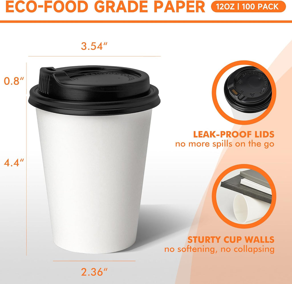 100 Pack 12 oz Disposable Coffee Cups with Lids,White