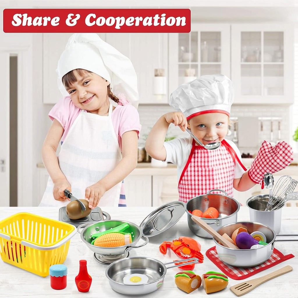Kids Pretend Play Kitchen Toys Accessories Set, 32 Items Stainless Steel Toy Pots and Pans Sets w/ Rack Organizer