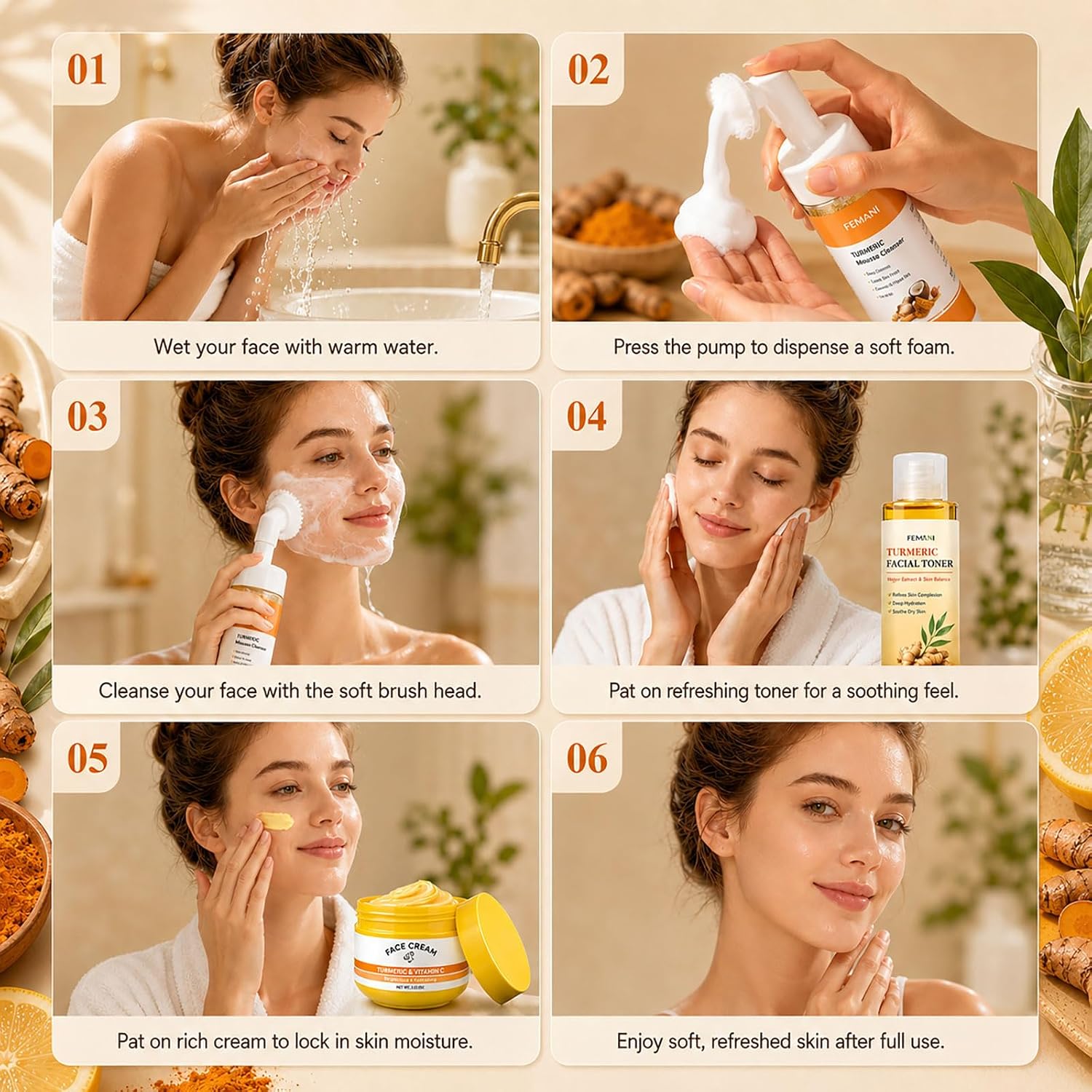 Turmeric Wash and Care 3 Pcs Set: Turmeric Face Wash, Toner & Face Cream | Turmeric Foaming Facial Cleanser for Face
