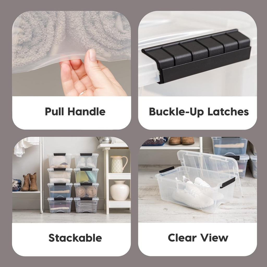 4-Pack Storage Bins with Lids, 13 Quart, Made in USA Stackable See-Through Organizing Solution Latches Durable