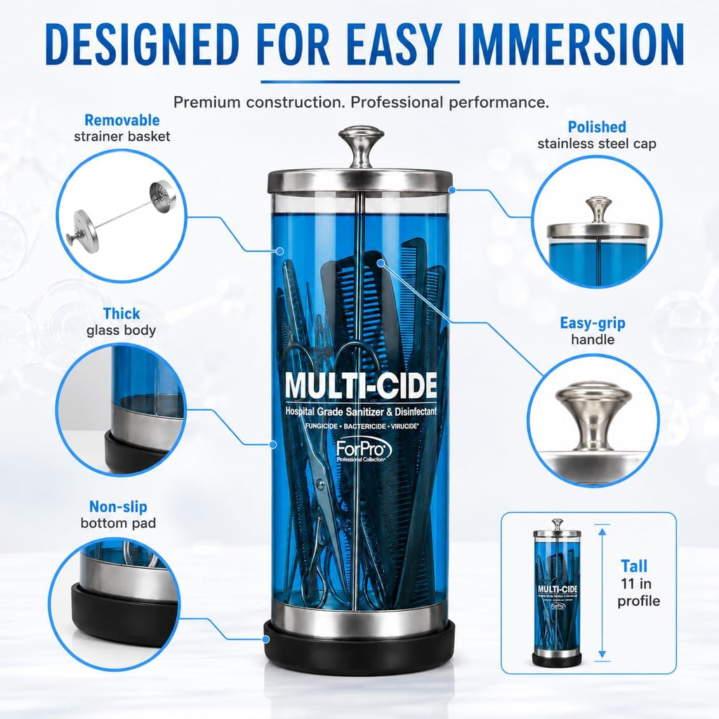 ForPro Multi-Cide Tall Glass Disinfectant Jar, Holds Brushes, Combs, Shears & Salon Tools, Clear Sanitizing Jar for