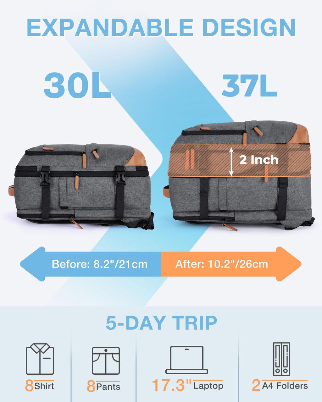 37L Expandable Travel Backpack Compression Carry On Daypack
