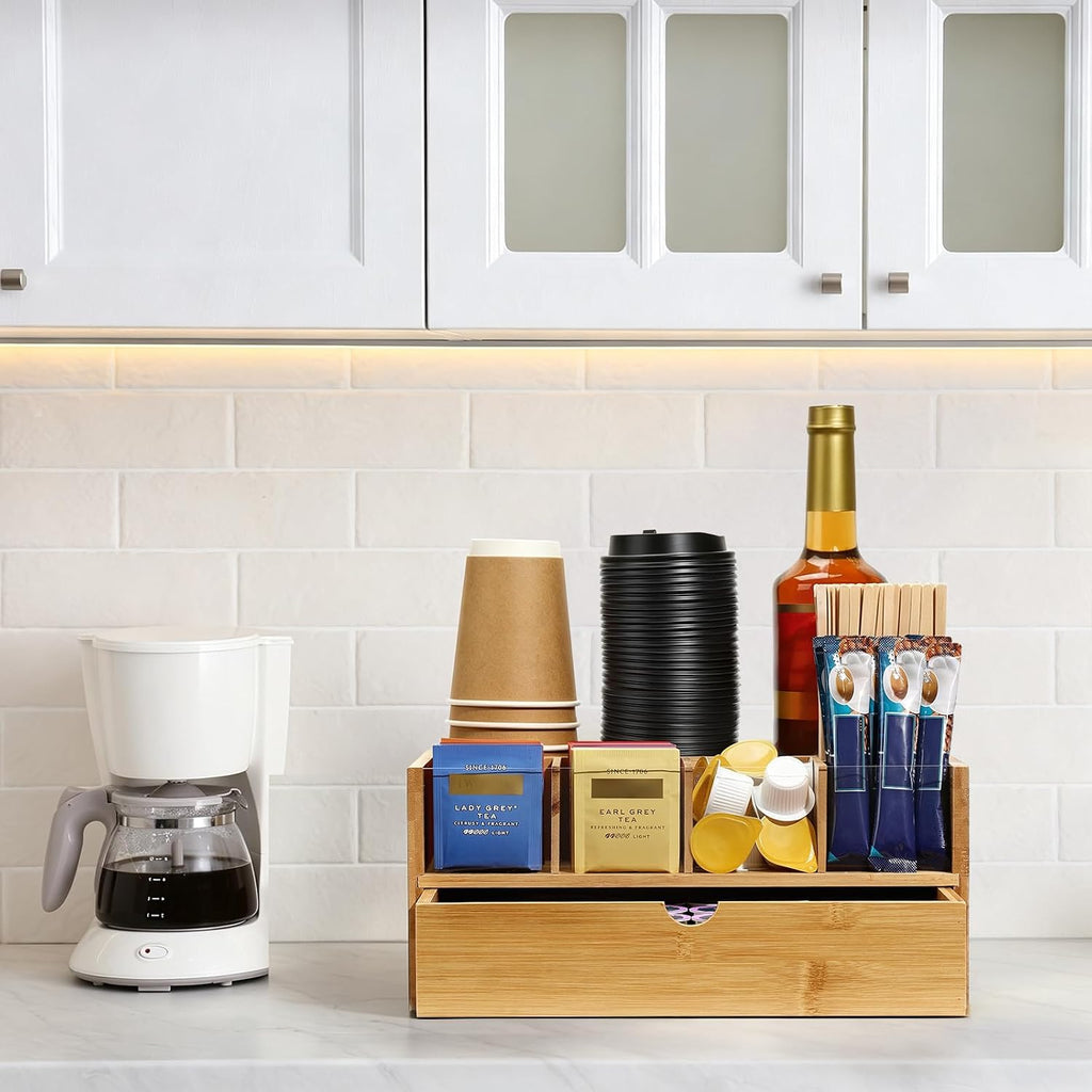 Bamboo Coffee Station Organizer with Drawer for Countertop