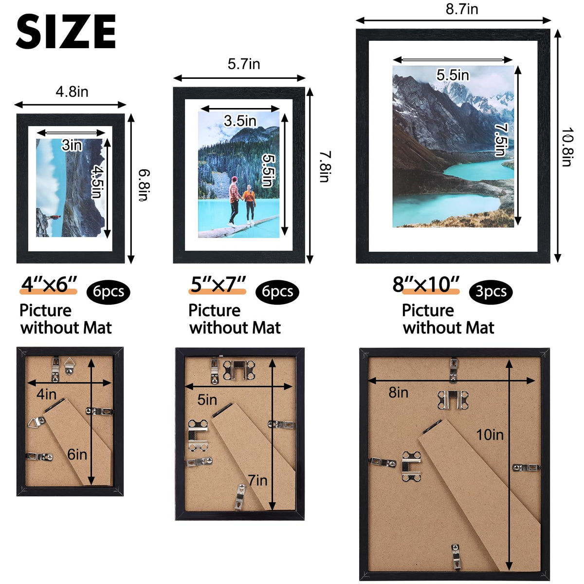 Collage Picture Frames Set, 15 Pack, MDF, Black, 8x10, 5x7, 4x6