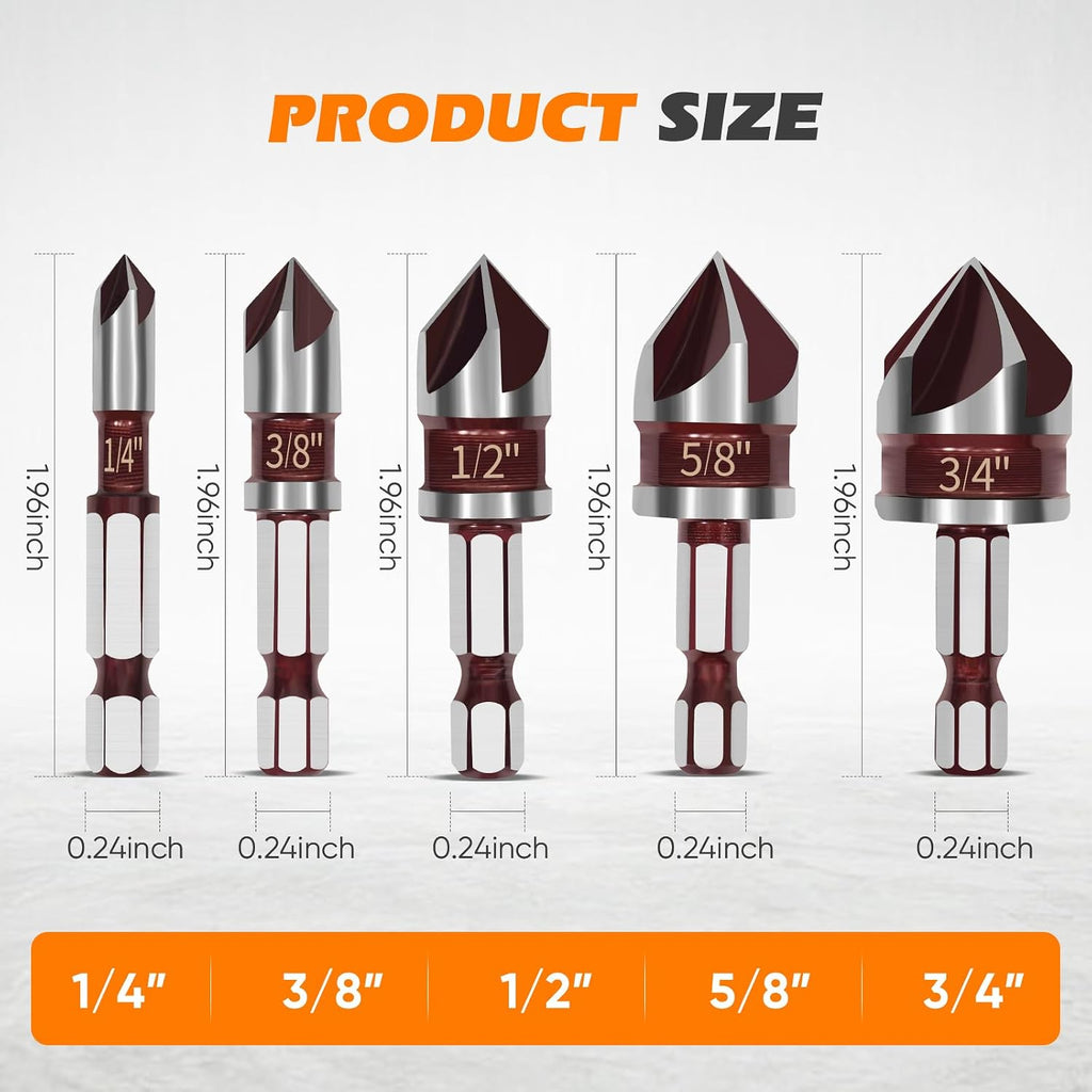 5 PCS Countersink Drill Bit Set, 82-Degree HSS, Size 1/4"-3/4"