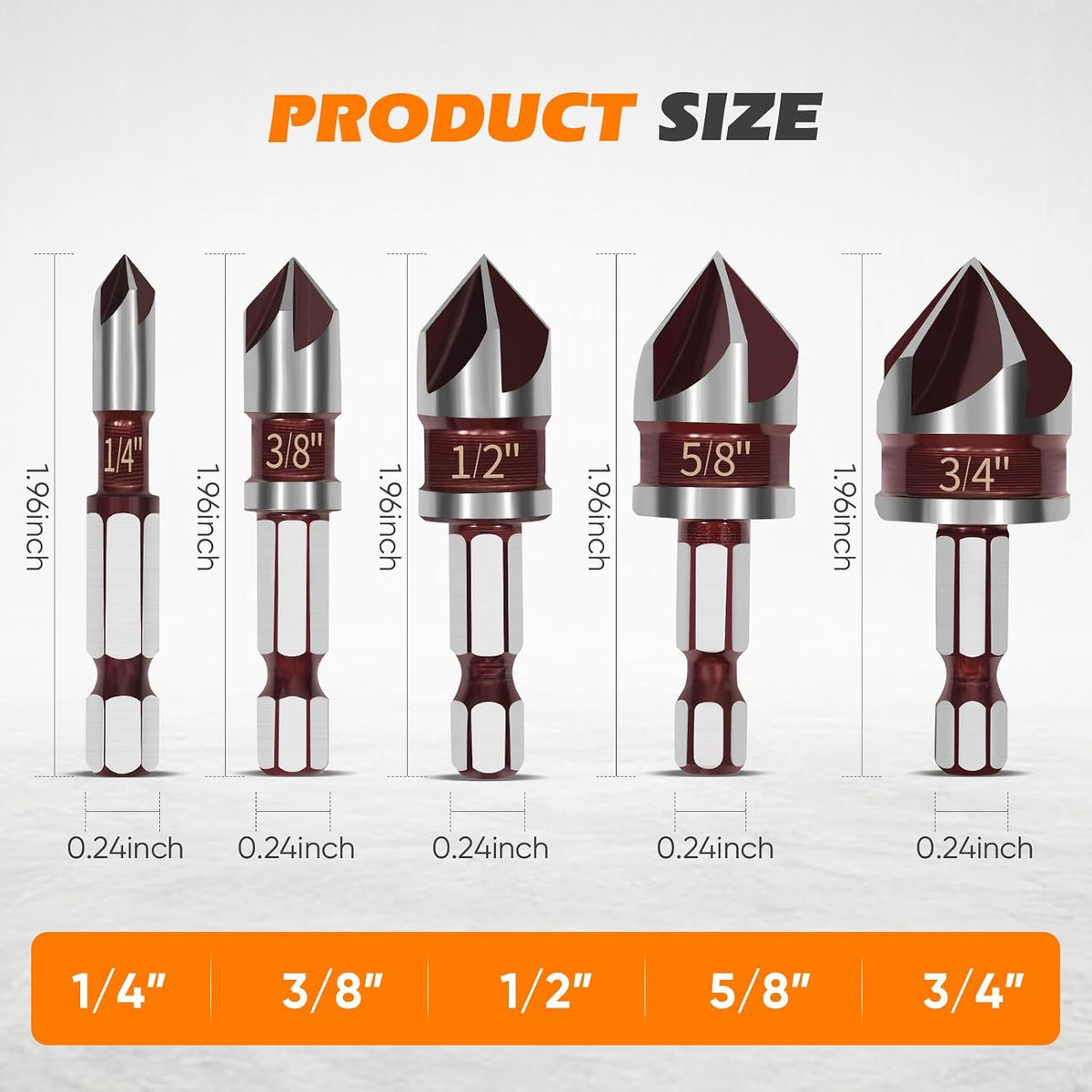 5 PCS Countersink Drill Bit Set, 82-Degree HSS, Size 1/4"-3/4"
