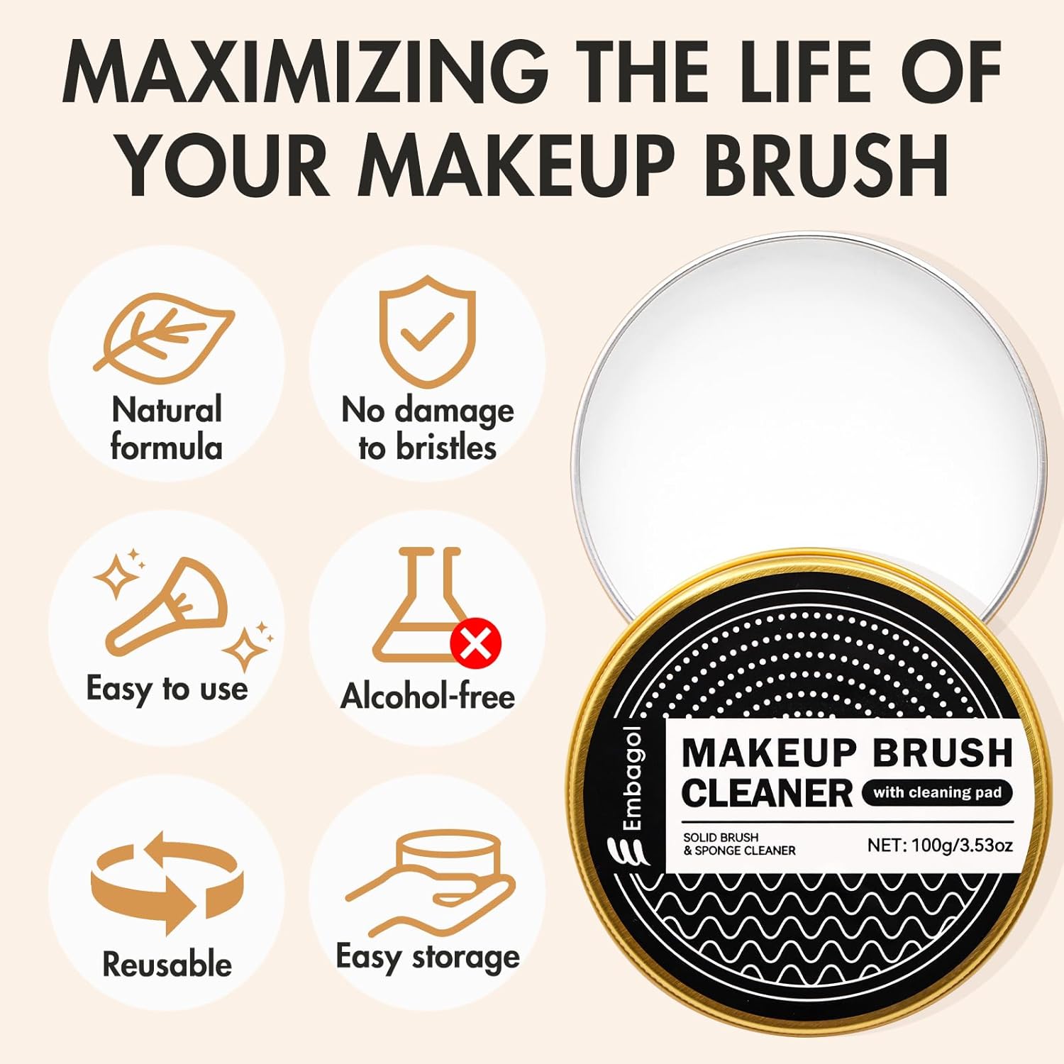 Makeup Brush Cleaner Solid Brush & Sponge Soap With Silicone Cleaning Pad, Vegan, Deep Cleaning, No Residue(100g/3.53oz)