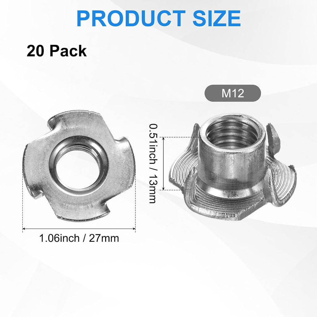 M METERXITY 20-Pack M12x13mm T-nut, 4-Pronged Tee Nut Threaded Insert