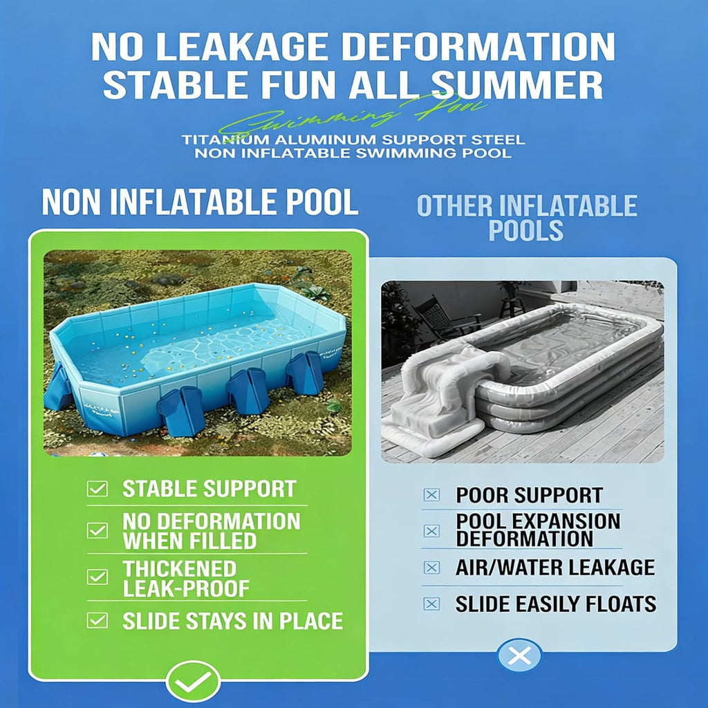Foldable Swimming Pool, Rectangular Above Ground Swimming Pool for Outdoor Family Square Pool with Drain Plug and